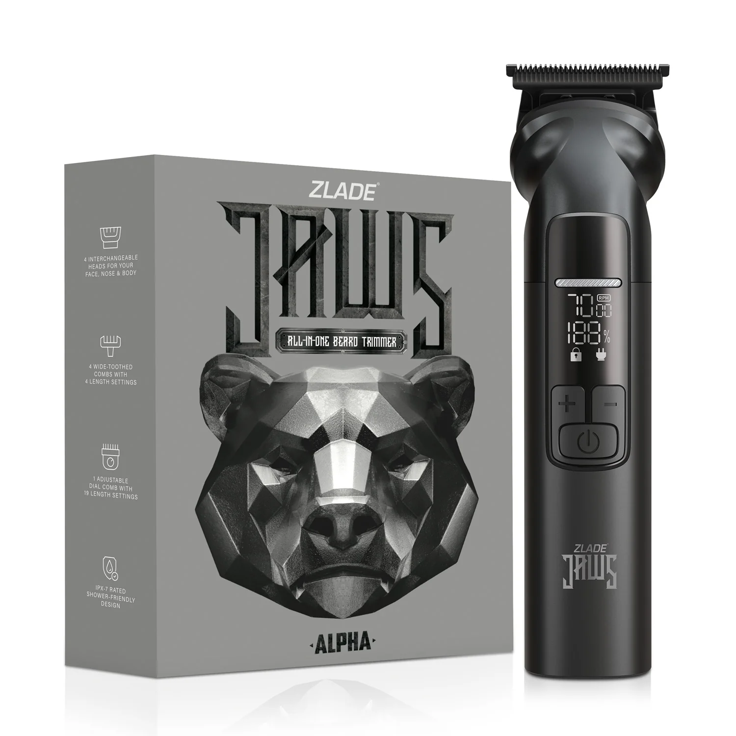 Zlade Jaws Alpha Rechargeable All-in-One Beard Trimmer | 4 Interchangeable Heads | 19+4 Length Settings | IPX-7 Waterproof - Image 11
