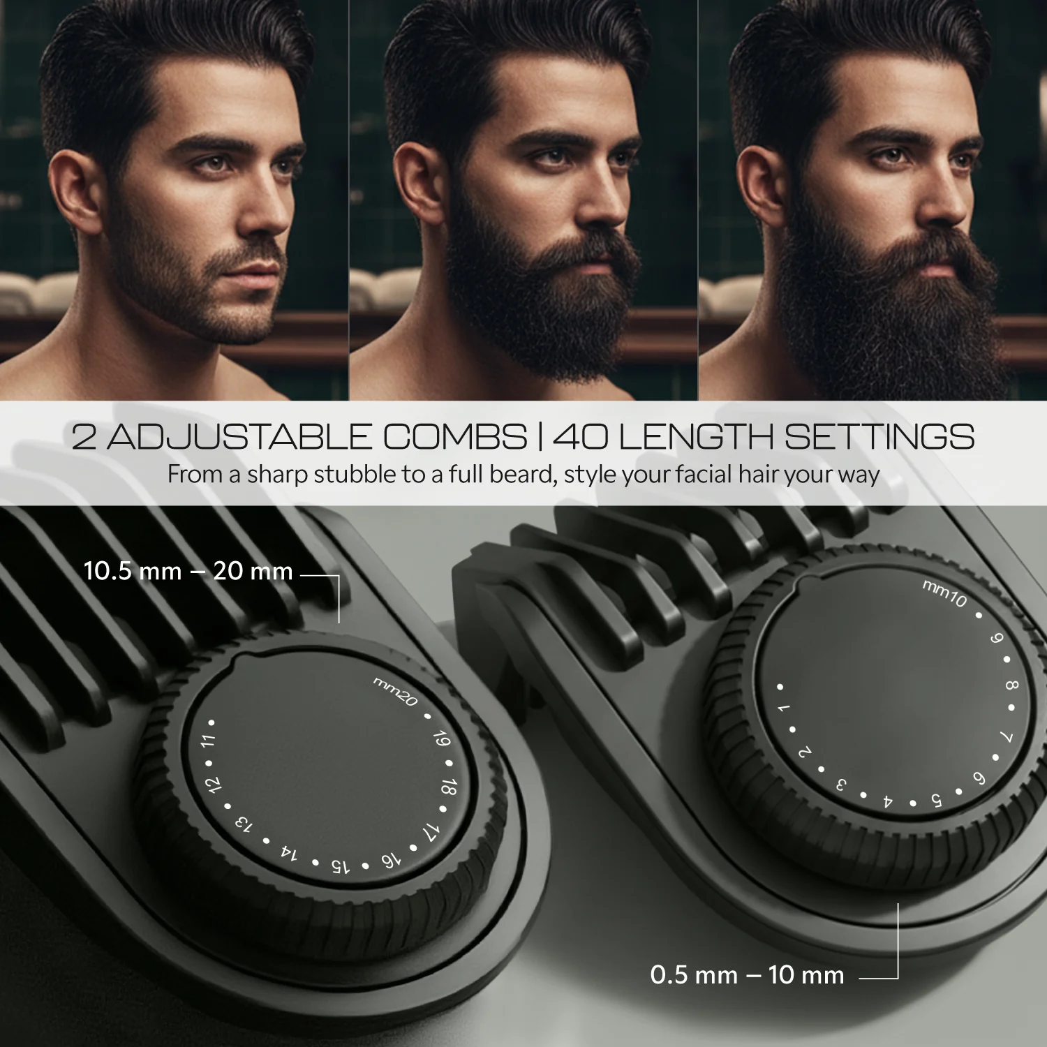Zlade Jaws Blitz Rechargeable All-Purpose Beard Trimmer | 40 Length Settings | 3 Interchangeable Heads - Image 5